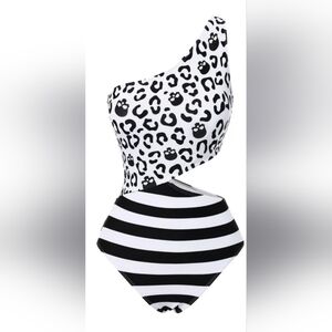 Black 1980s One-Shoulder Hollow Skull Stripe Swimsuit - NEW !!!!